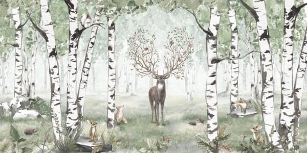 Mural ilustrado de bosque de abedules con ciervo en tono verde - Alchemyst