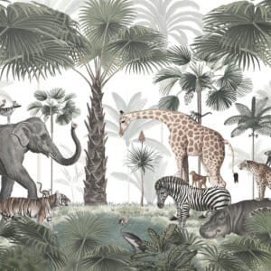 Mural ilustrado infantil de selva con animales en tono verde - Alchemyst