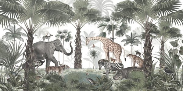 Mural ilustrado infantil de selva con animales en tono verde - Alchemyst