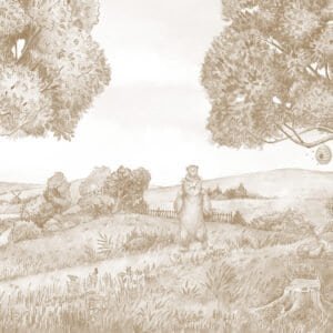 Mural ilustrado infantil de bosque con oso en tono sepia - Alchemyst