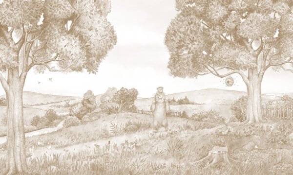 Mural ilustrado infantil de bosque con oso en tono sepia - Alchemyst
