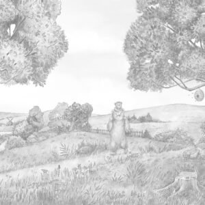 Mural ilustrado infantil de bosque con osos y abejas en tono sepia - Alchemyst