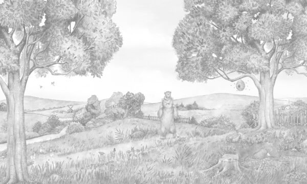 Mural ilustrado infantil de bosque con osos y abejas en tono sepia - Alchemyst