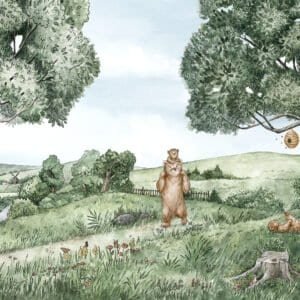 Mural ilustrado infantil de bosque con oso en tono verde - Alchemyst