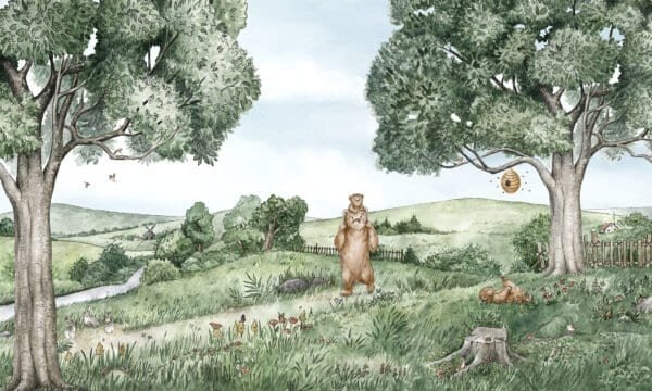 Mural ilustrado infantil de bosque con oso en tono verde - Alchemyst