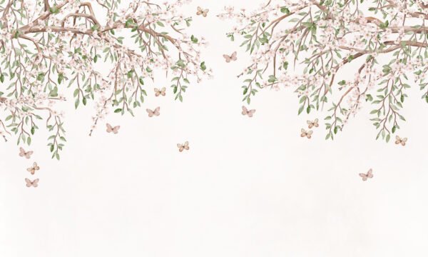 Mural ilustrado floral con mariposas en tono beige - Alchemyst