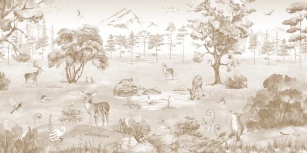 Mural ilustrado infantil de bosque con ciervos en tono sepia - Alchemyst