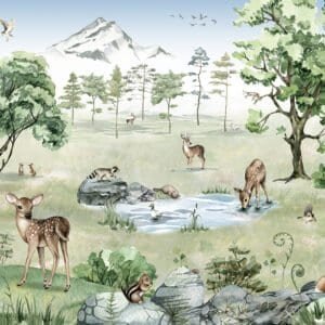 Mural ilustrado infantil de bosque con ciervos en tono verde - Alchemyst
