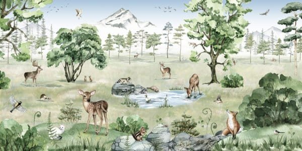 Mural ilustrado infantil de bosque con ciervos en tono verde - Alchemyst