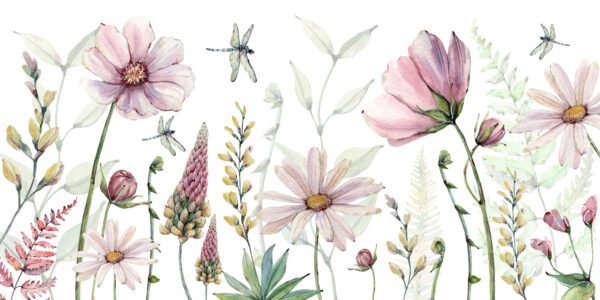 Mural ilustrado floral en tonos rosados y púrpuras - Alchemyst