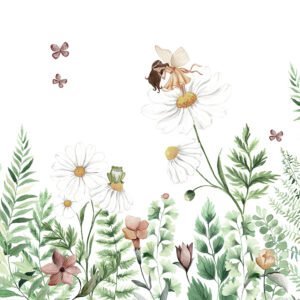 Mural ilustrado de jardín con flores y mariposas en tono verde - Alchemyst