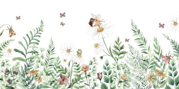 Mural ilustrado de jardín con flores y mariposas en tono verde - Alchemyst
