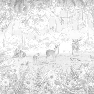 Mural ilustrado infantil de bosque con animales en tono gris - Alchemyst
