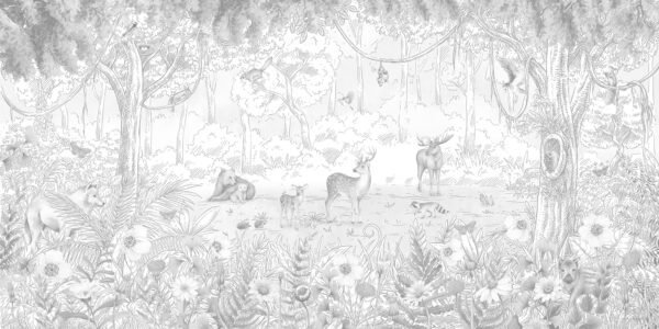 Mural ilustrado infantil de bosque con animales en tono gris - Alchemyst