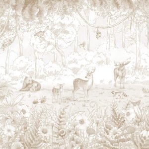 Mural ilustrado infantil de bosque con animales en tono sepia - Alchemyst