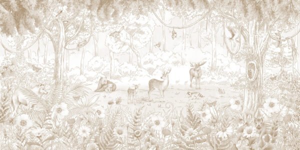 Mural ilustrado infantil de bosque con animales en tono sepia - Alchemyst