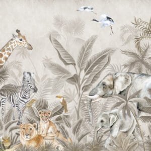 Mural ilustrado de selva con animales en tono beige - Alchemyst