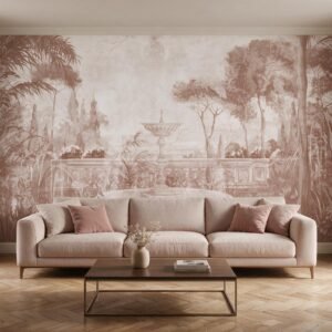 Mural ilustrado de jardín clásico con fuente y palmeras en tonos rosa terracota en living - Alchemyst