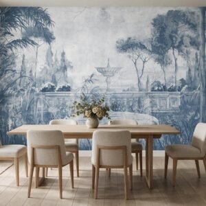 Mural ilustrado de jardín clásico con fuente y palmeras en tonos azules en comedor - Alchemyst