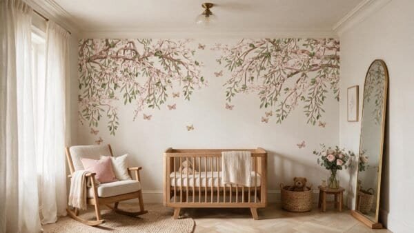 Murales floral con ramas y mariposas en tonos suaves en habitación infantil.