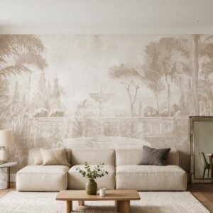 Mural ilustrado de jardín clásico con fuente y palmeras en tonos beige en living - Alchemyst