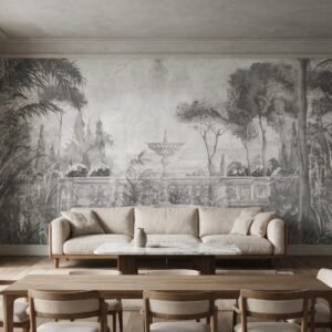 Mural ilustrado de jardín clásico con fuente y palmeras en escala de grises en living - Alchemyst