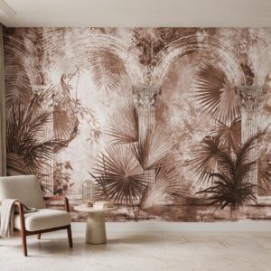 Mural ilustrado con arcos, columnas y palmeras en tonos sepia en living - Alchemyst