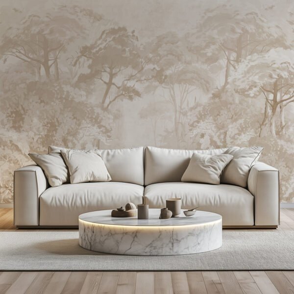 Mural ilustrado de bosque con árboles en tonos sepia y beige en living - Alchemyst