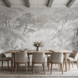 Mural ilustrado de bosque con árboles en escala de grises en comedor - Alchemyst