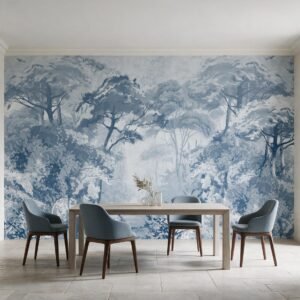 Mural ilustrado de bosque con árboles en tonos azules en comedor - Alchemyst
