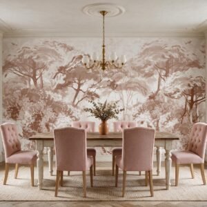 Mural ilustrado de bosque con árboles en tonos rosados en comedor - Alchemyst