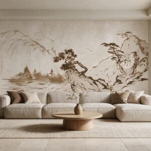 Mural ilustrado japonés estilo sumi-e con montañas y pinos en tonos beige en living - Alchemyst
