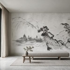Mural ilustrado japonés estilo sumi-e con montañas y pinos en escala de grises en living - Alchemyst