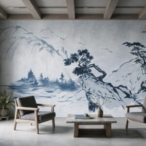 Mural ilustrado de paisaje japonés con montañas y pinos estilo sumi-e en tonos azules en living - Alchemyst