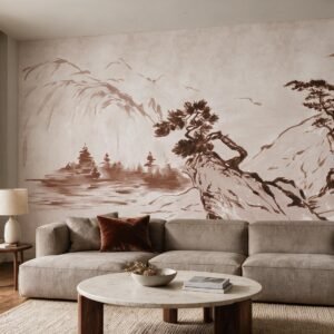 Mural ilustrado japonés estilo sumi-e con montañas y pinos en tonos terracota en living - Alchemyst