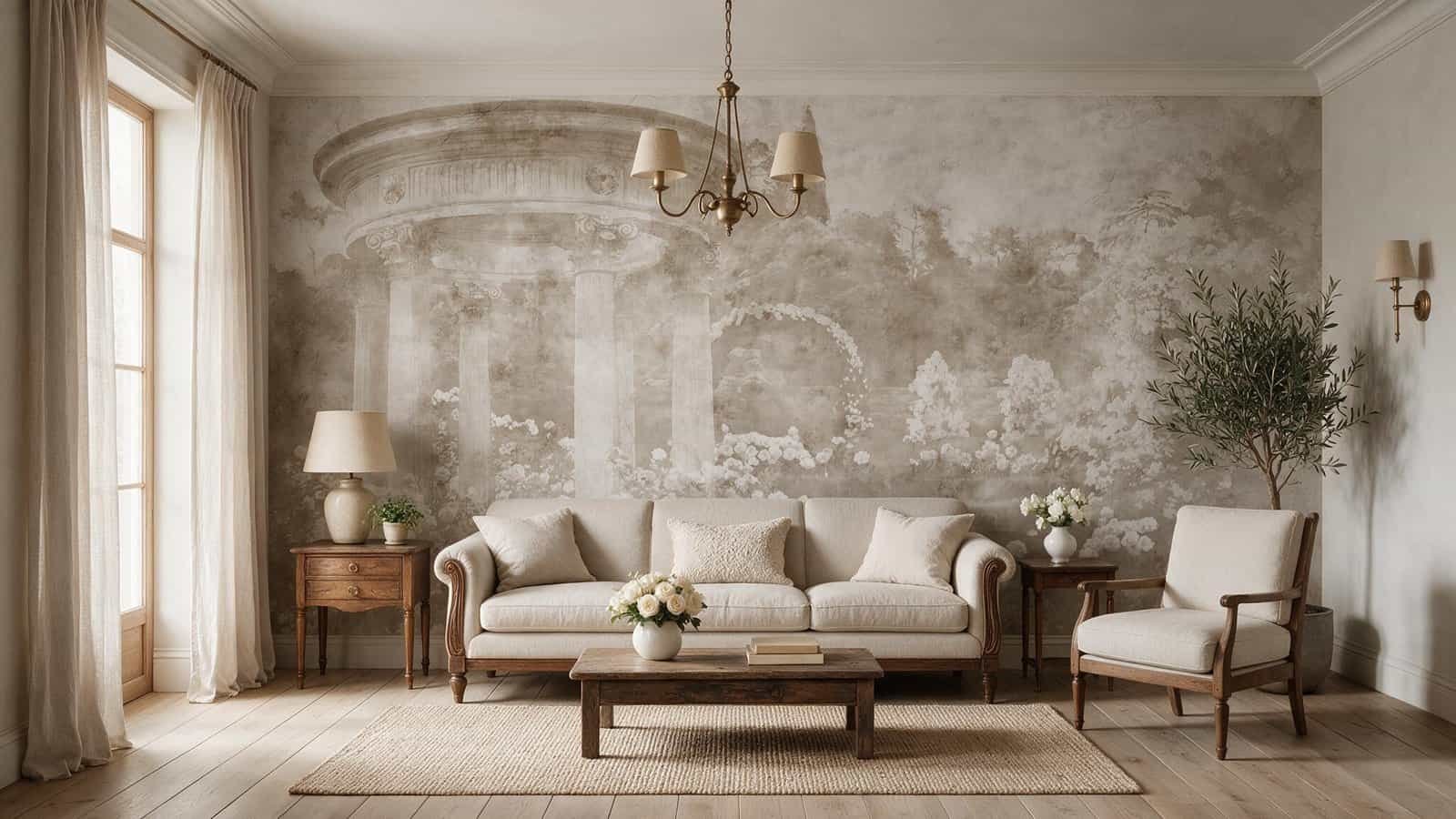 shades of garden 1 amb2 Mural ilustrado de rotonda clásica con columnas y flores blancas en tonos beige cálido en living - Alchemyst