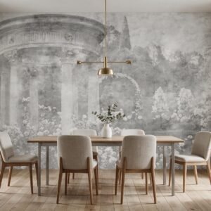 Mural ilustrado de rotonda clásica con columnas y flores blancas en escala de grises en comedor - Alchemyst