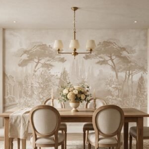 Mural ilustrado de jardín con árboles, cipreses y flores blancas en tonos beige en comedor - Alchemyst