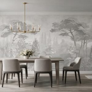 Mural ilustrado de jardín con escalinata, árboles y flores en escala de grises en comedor - Alchemyst
