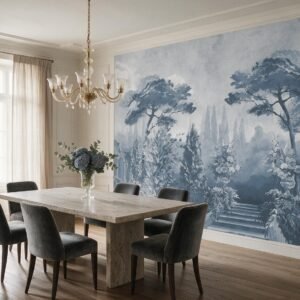 Mural ilustrado de jardín con escalinata y árboles en tono azul en comedor - Alchemyst