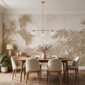 Mural ilustrado de hojas tropicales y palmeras en tonos beige en comedor - Alchemyst