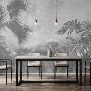 Mural ilustrado de hojas tropicales y palmeras sobre fondo texturizado gris en comedor - Alchemyst