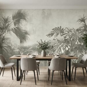 Mural ilustrado de hojas tropicales y palmeras en tonos verdes en comedor - Alchemyst