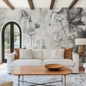 Mural ilustrado botánico de flores de loto estilo boceto en tonos rosados - Alchemyst