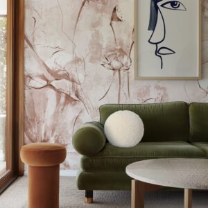 Mural ilustrado botánico de flores de loto estilo boceto en tonos rosados en living - Alchemyst