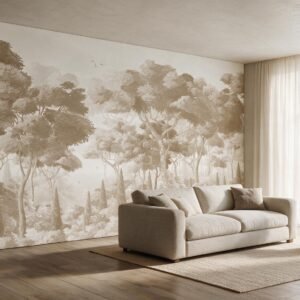 Mural ilustrado de paisaje mediterráneo con árboles y cipreses en tonos beige en living - Alchemyst