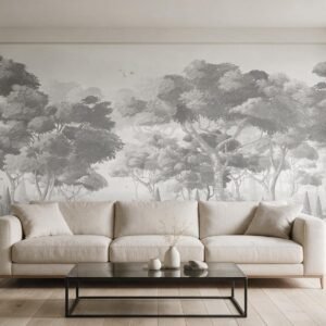 Mural ilustrado de paisaje mediterráneo con árboles y cipreses en escala de grises en living - Alchemyst