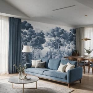 Mural ilustrado de paisaje mediterráneo con árboles y cipreses en tonos azules en living - Alchemyst
