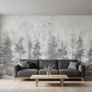 Mural ilustrado degradé de bosque de pinos en escala de grises en living - Alchemyst