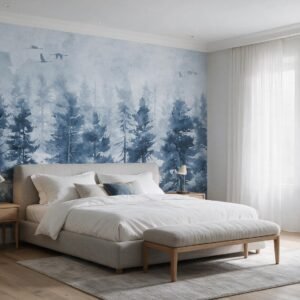 Mural ilustrado degradé de bosque de pinos en tonos azules en dormitorio - Alchemyst